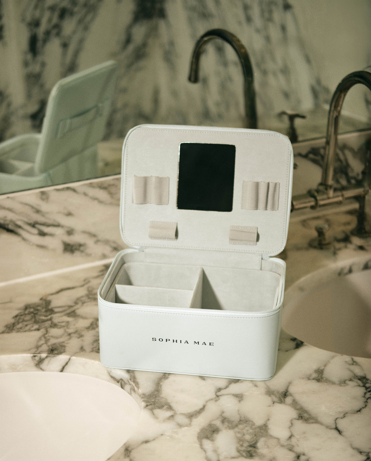 Open SOPHIA MAE Beauty Organizer with mirror and storage compartments.