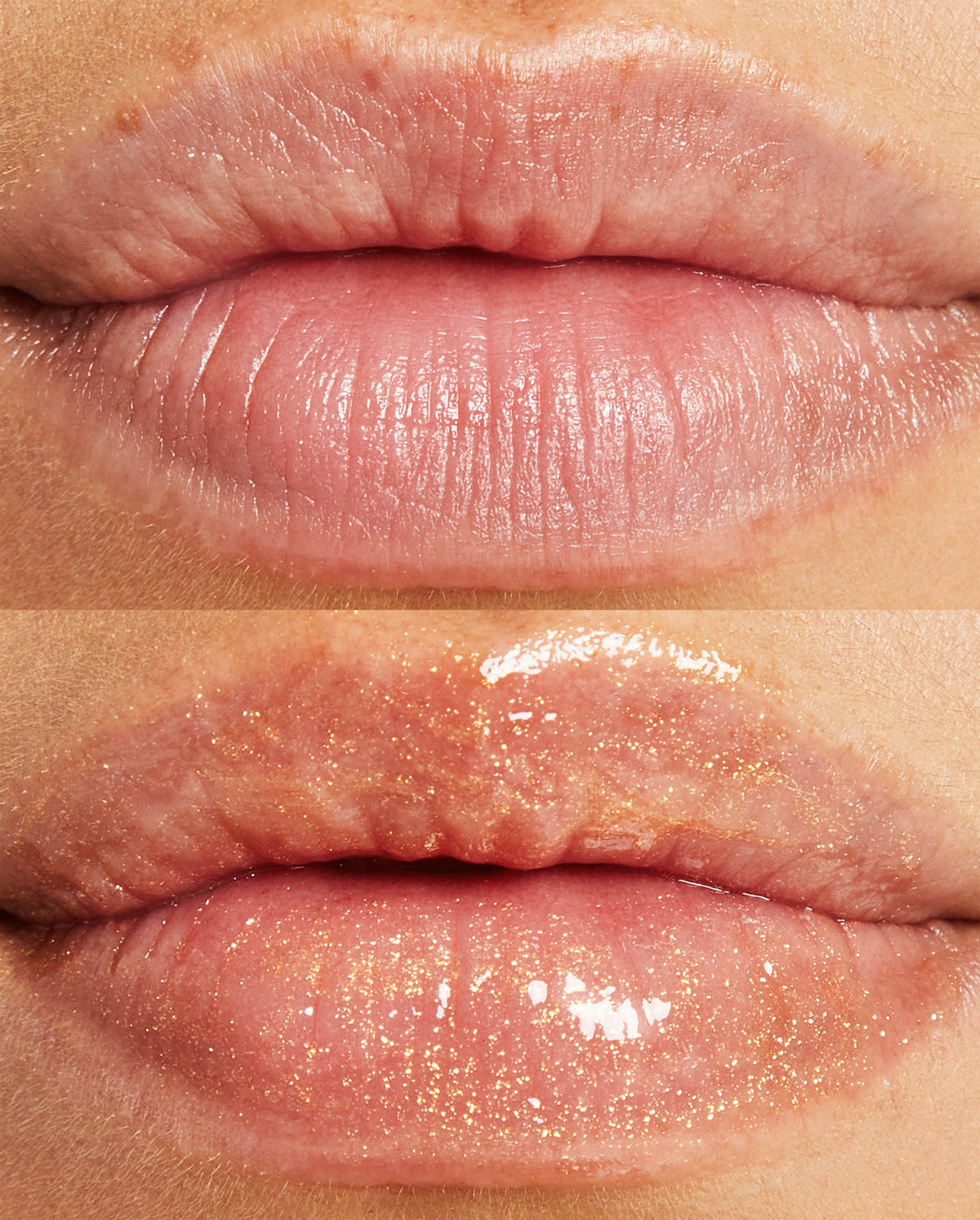 Before-and-after close-up of lips showing the effect of SOPHIA MAE Plumping Lip Allure, from bare lips to a glossy shimmer finish.