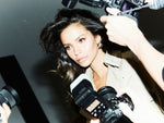Monica Geuze with glossy, voluminous hair during a SOPHIA MAE campaign photoshoot.