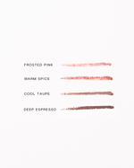 SOPHIA MAE Lip Liner swatches in Frosted Pink, Warm Spice, Cool Taupe and Deep Espresso, showing the four shades from soft pink to deep brown.