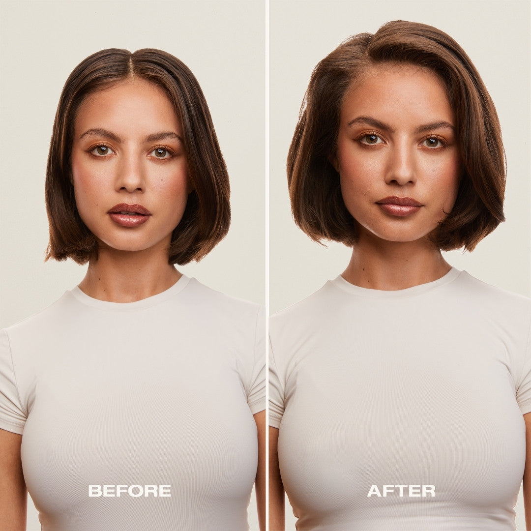 Before and after using SOPHIA MAE Majestic Mist dry shampoo and volumizing spray — from flat, oily hair to fresh, clean, voluminous locks with a natural, salon-worthy finish.