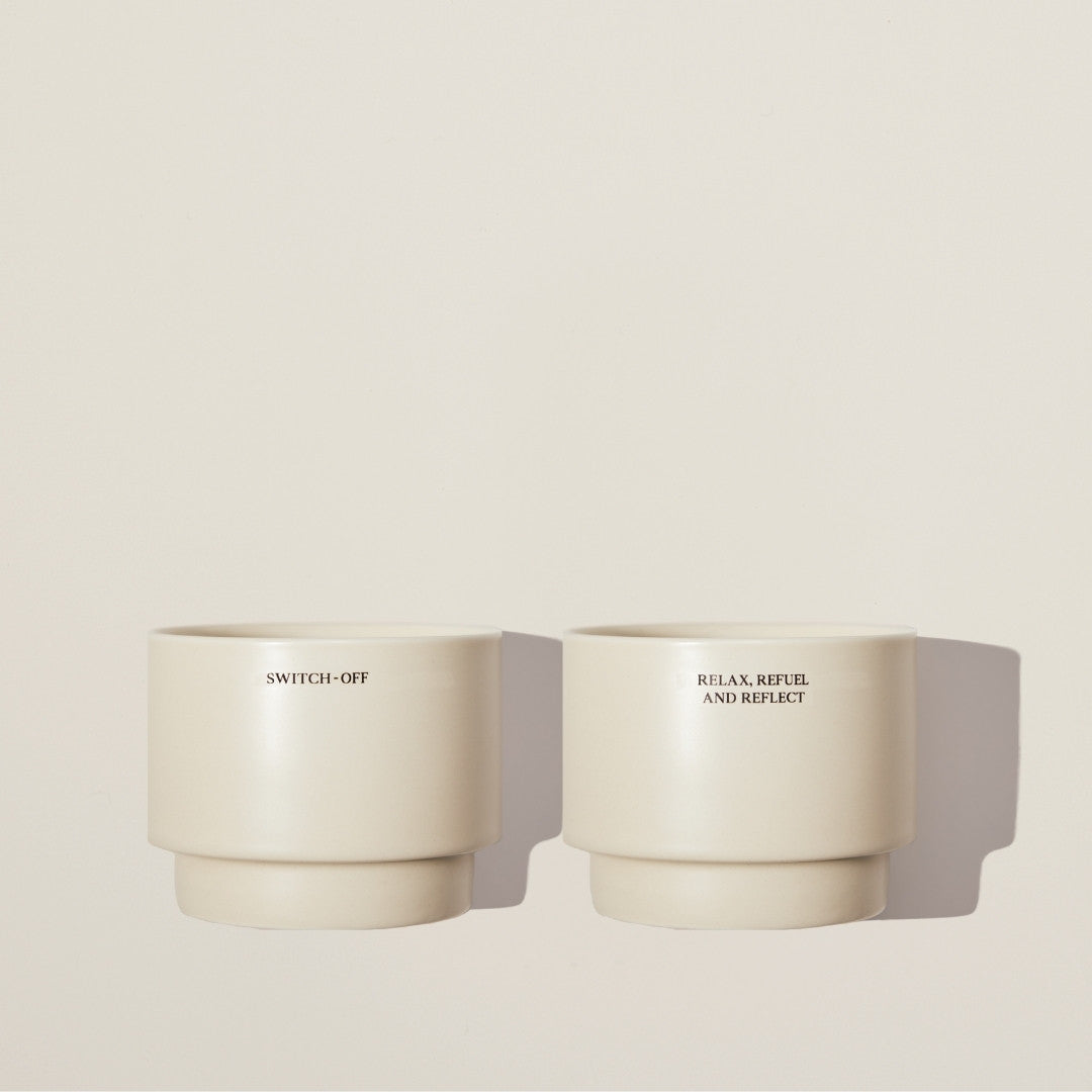 SOPHIA MAE Musing Mugs set – includes ‘Switch-Off’ and ‘Relax, Refuel and Reflect’ ceramic mugs for mindful moments and soothing rituals.
