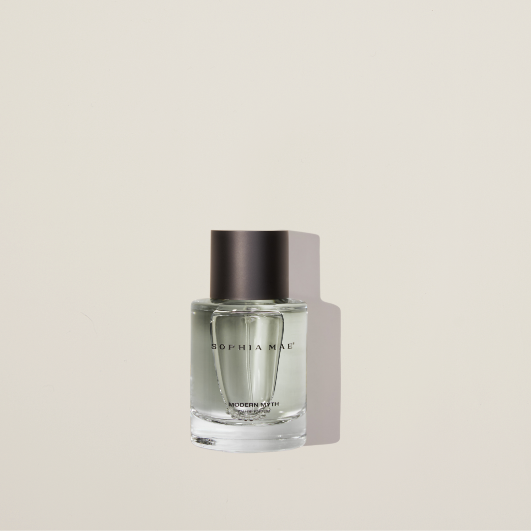 Modern Myth eau de parfum – a seductive unisex fragrance with white florals, musky heart, and a warm base of sandalwood and coconut.