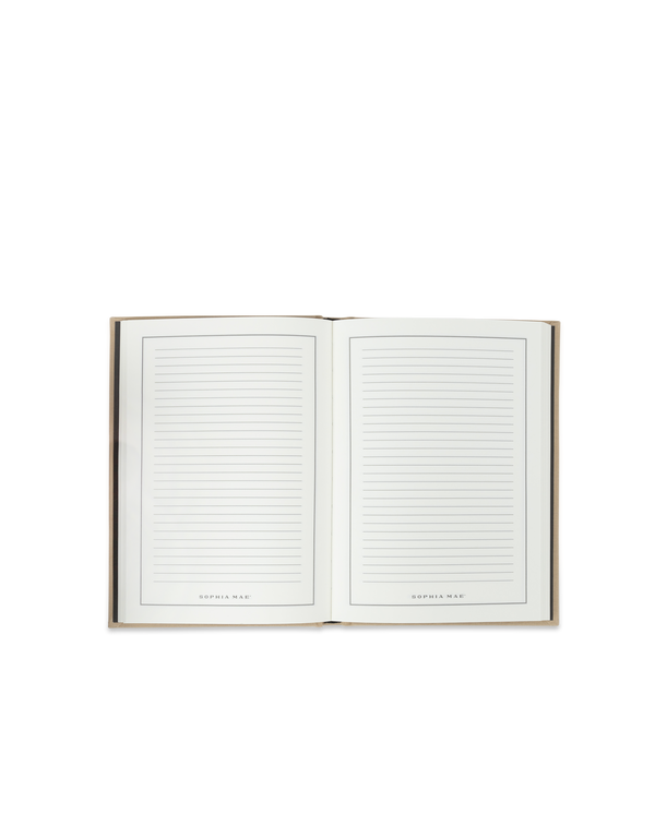 Open SOPHIA MAE notebook with clean lined pages designed for notes, ideas and everyday reflections.