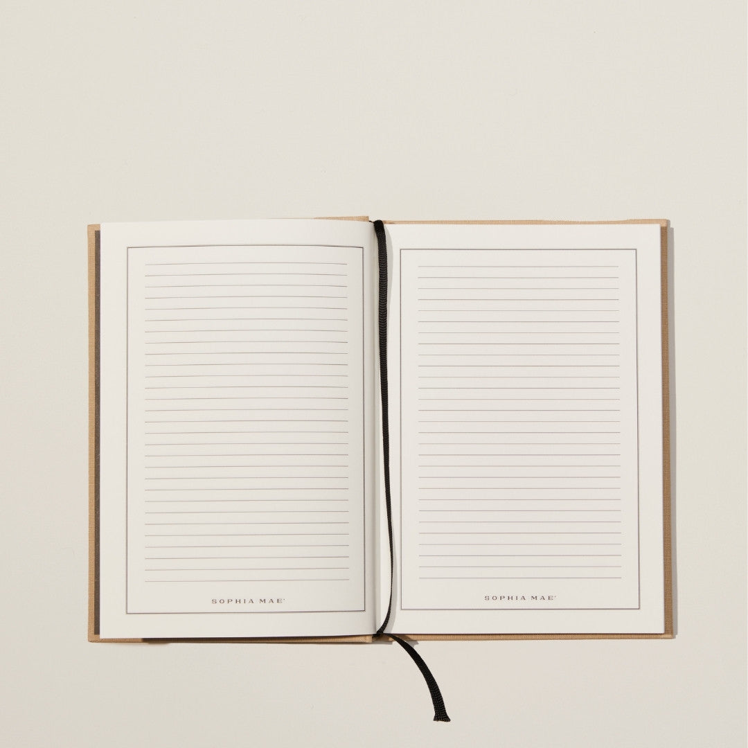 SOPHIA MAE A5 hardcover notebook – elegant writing journal for capturing thoughts, dreams, and ideas anytime, anywhere.