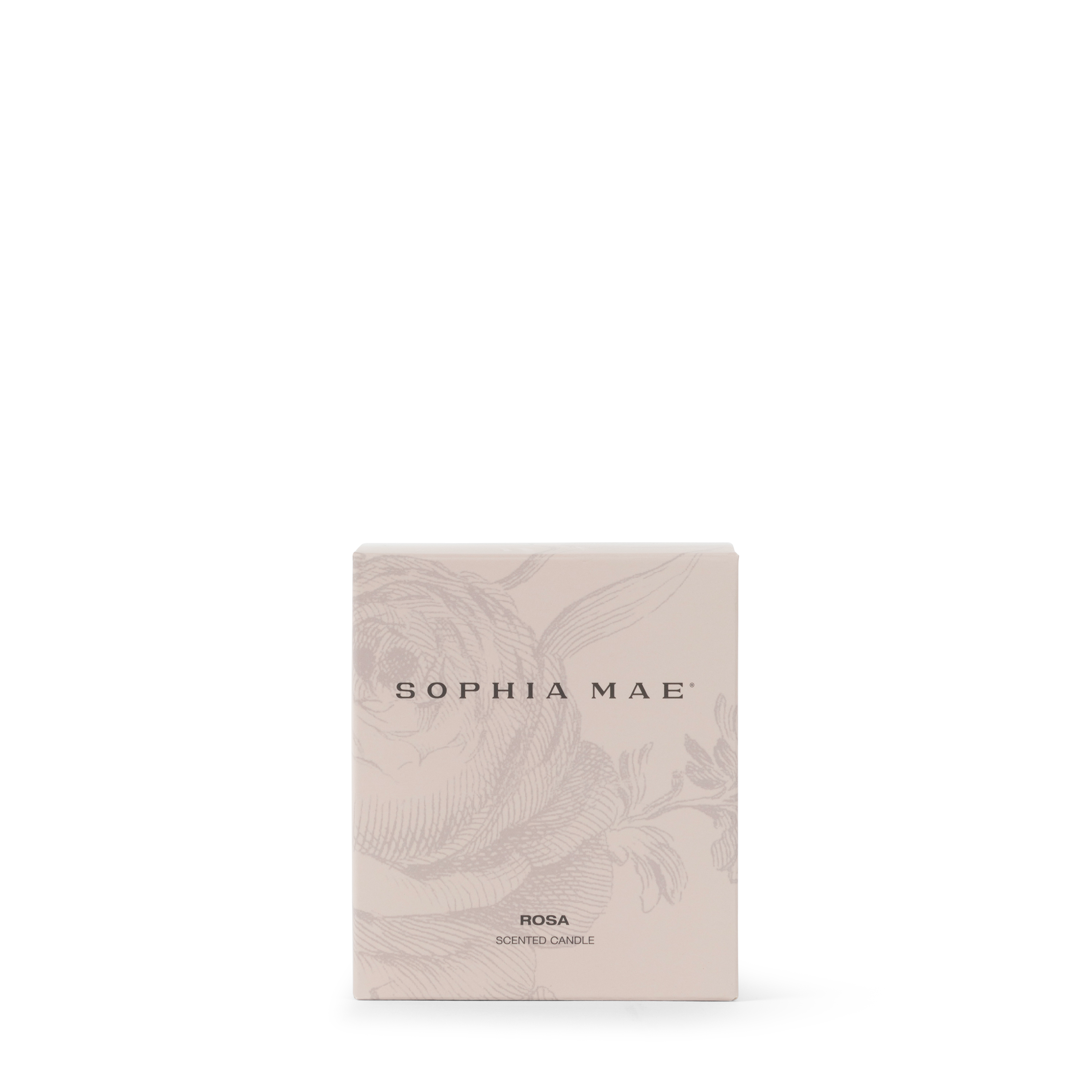 Rosa scented candle midi van SOPHIA MAE met zachte roze verpakking en bloemen design.