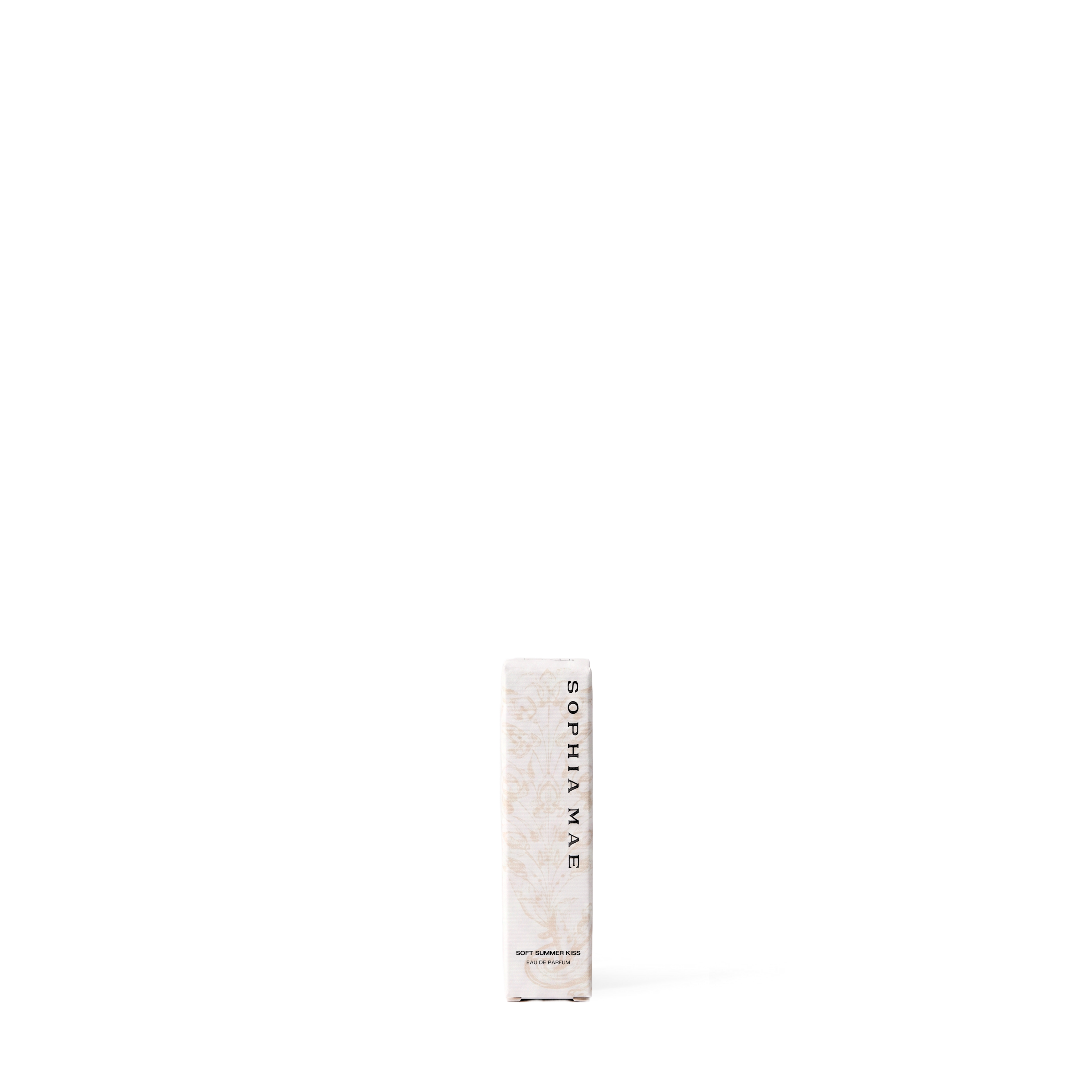 SOPHIA MAE Soft Summer Kiss eau de parfum sample packaging with a cream background and delicate beige botanical print.