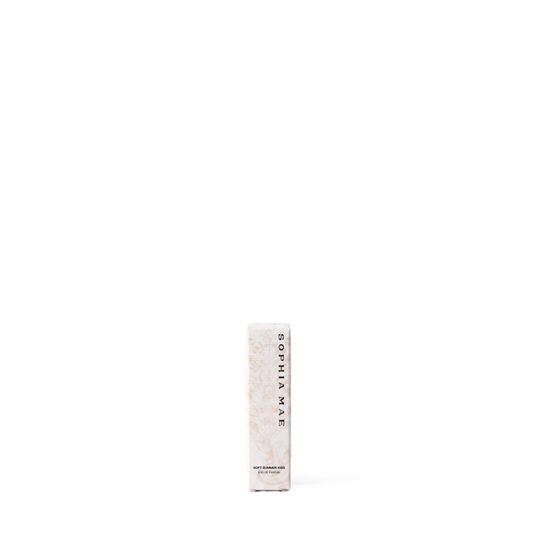 SOPHIA MAE Soft Summer Kiss eau de parfum sample packaging with a cream background and delicate beige botanical print.