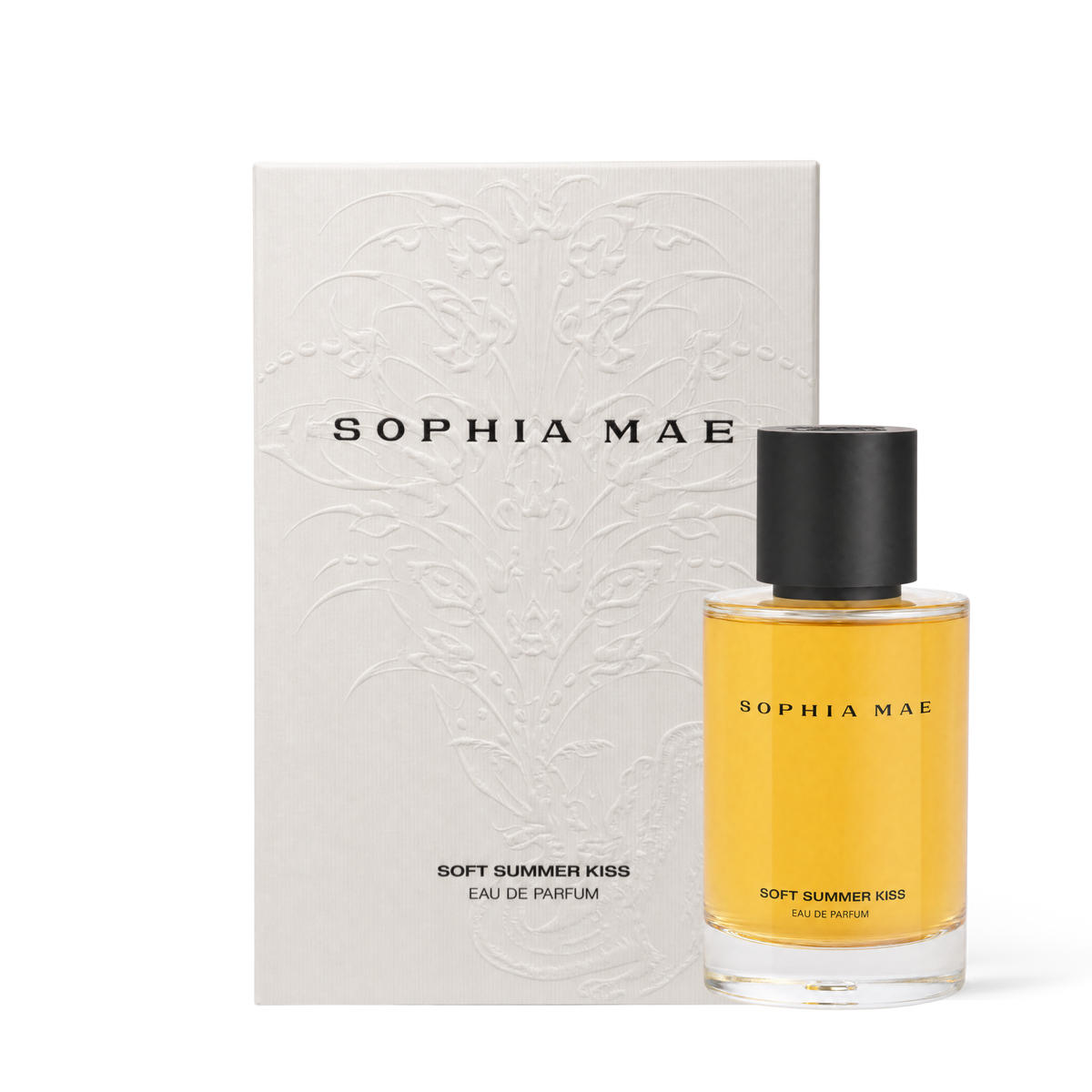Packshot flacon with packaging of SOPHIA MAE's Soft Summer Kiss eau de parfum in 100 ml.