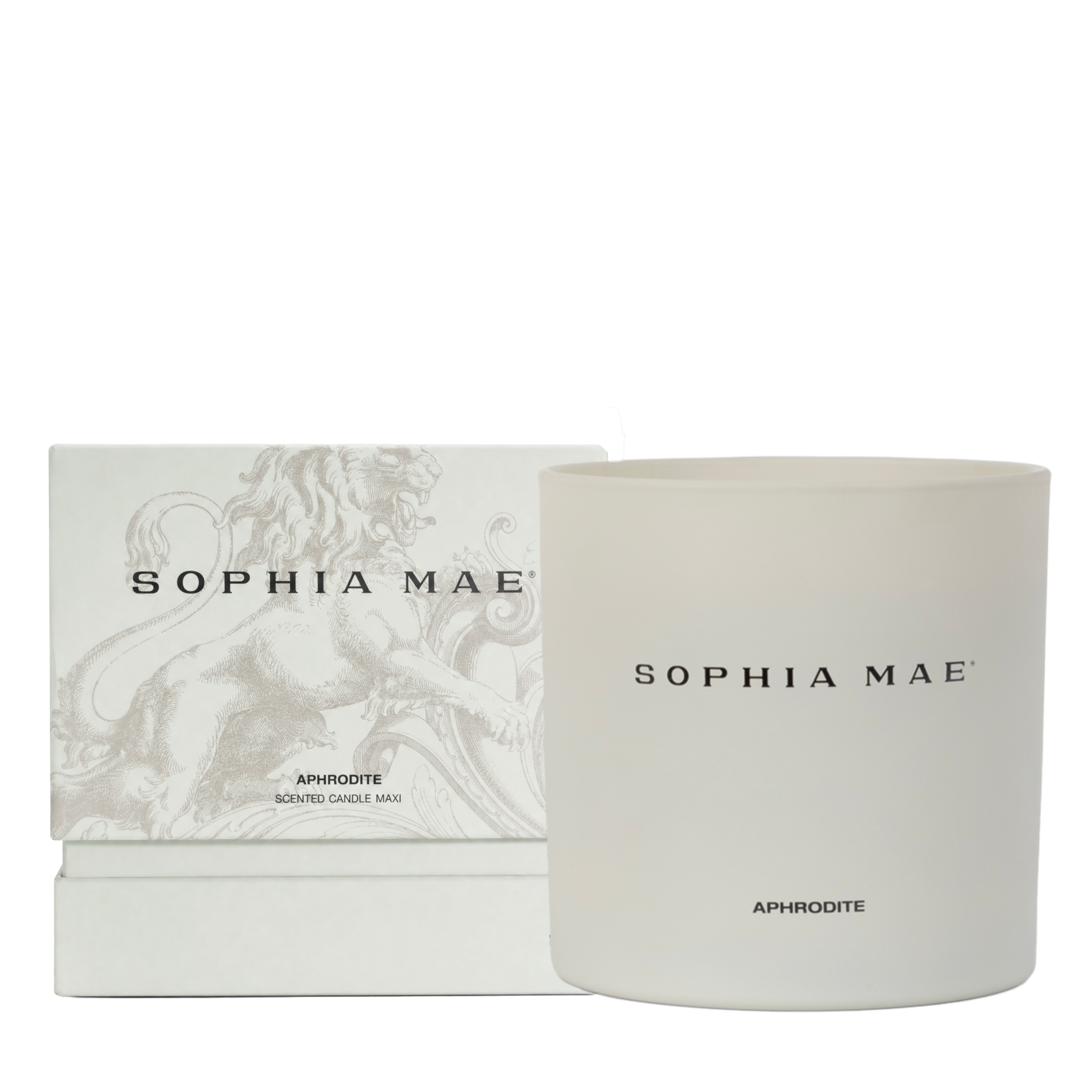 Packaging of and the Aphrodite scented candle with notes of vanilla, amber, and musk.