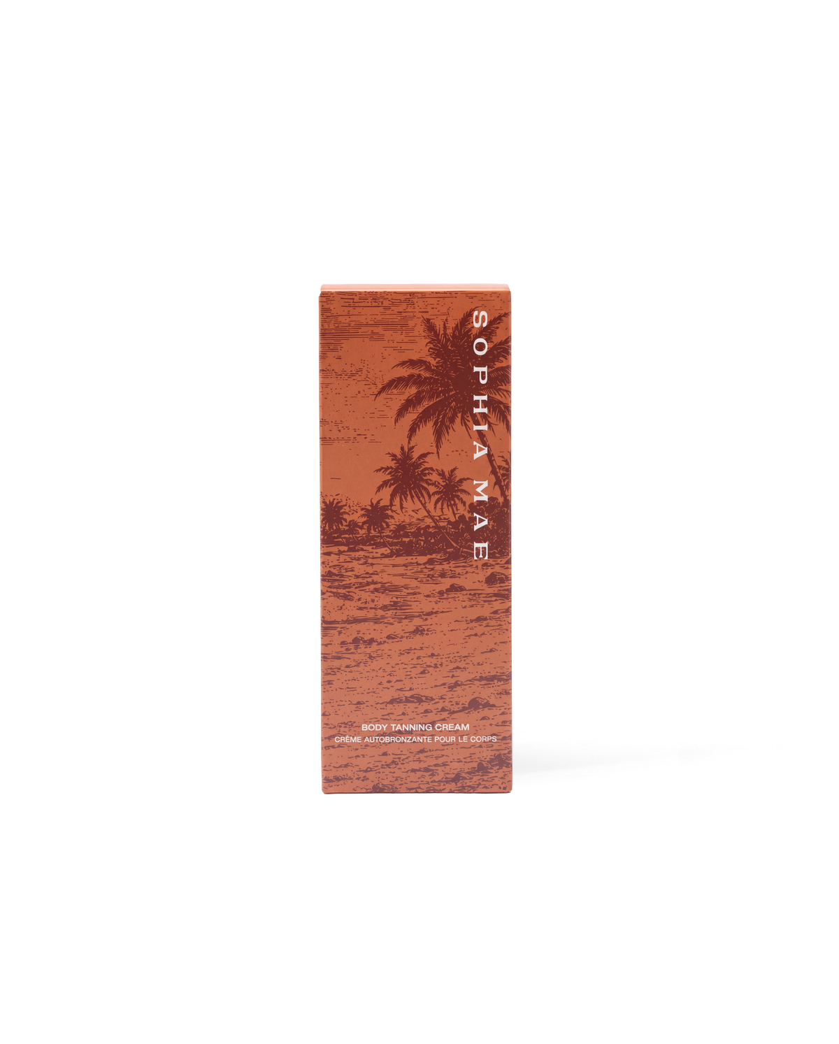 SOPHIA MAE Body Tanning Cream packaging in a warm orange design on a transparant background.