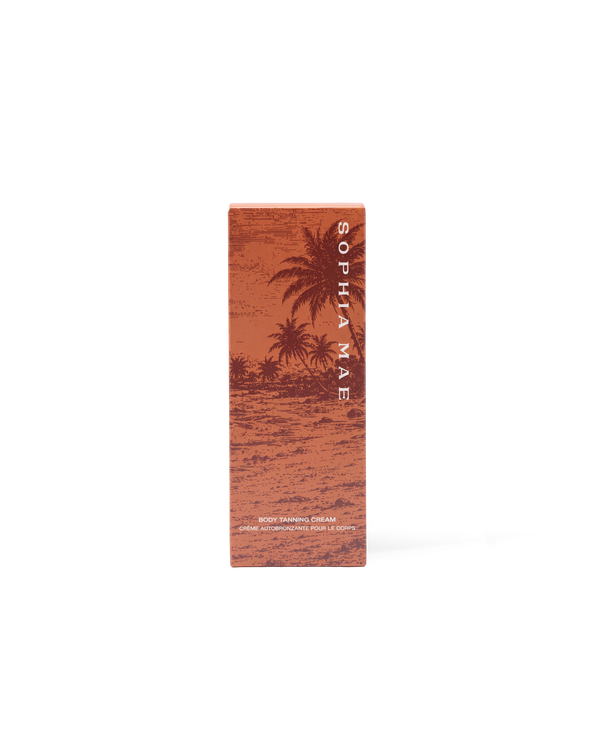 SOPHIA MAE Body Tanning Cream packaging in a warm orange design on a transparant background.