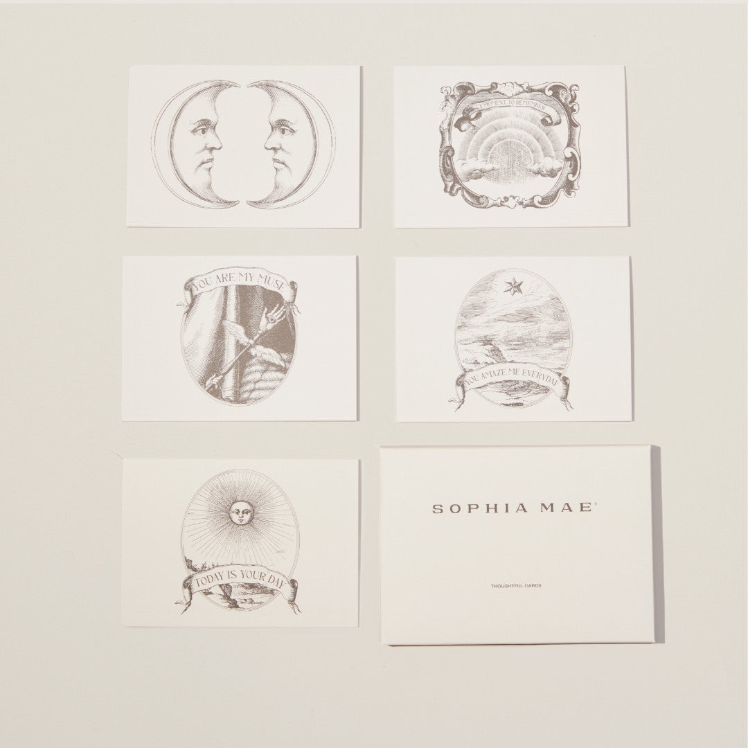 “SOPHIA MAE Thoughtful Cards – set of 5 sustainably made greeting cards with matching envelopes and timeless, nostalgic illustrations.