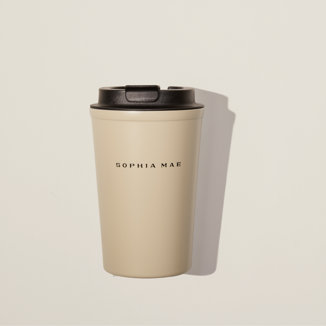 SOPHIA MAE Travel Mug – minimalist stainless steel to-go cup that keeps drinks hot or cold, perfect for stylish on-the-go moments.