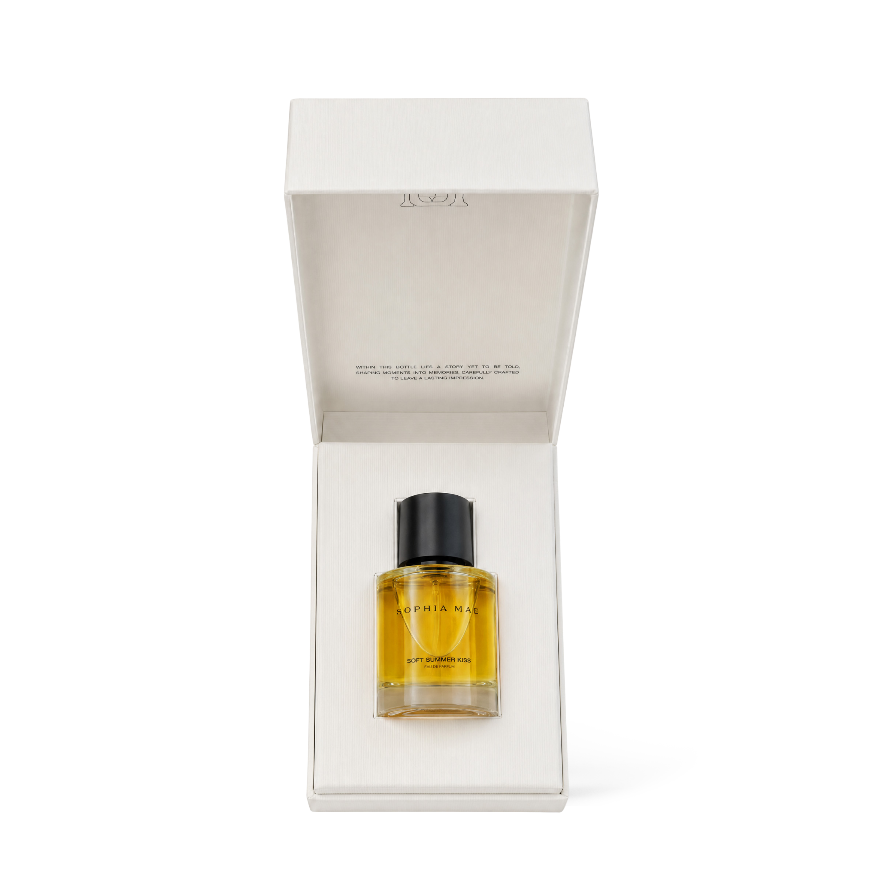 Open white SOPHIA MAE Soft Summer Kiss eau de parfum box with the perfume bottle displayed inside.