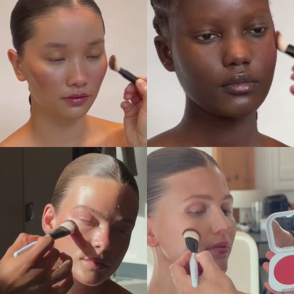 Models applying SOPHIA MAE Cream Blush with a makeup brush for a natural, flushed finish on different skin tones.