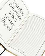 Open SOPHIA MAE notebook with an empowering quote and lined pages ready for new thoughts.